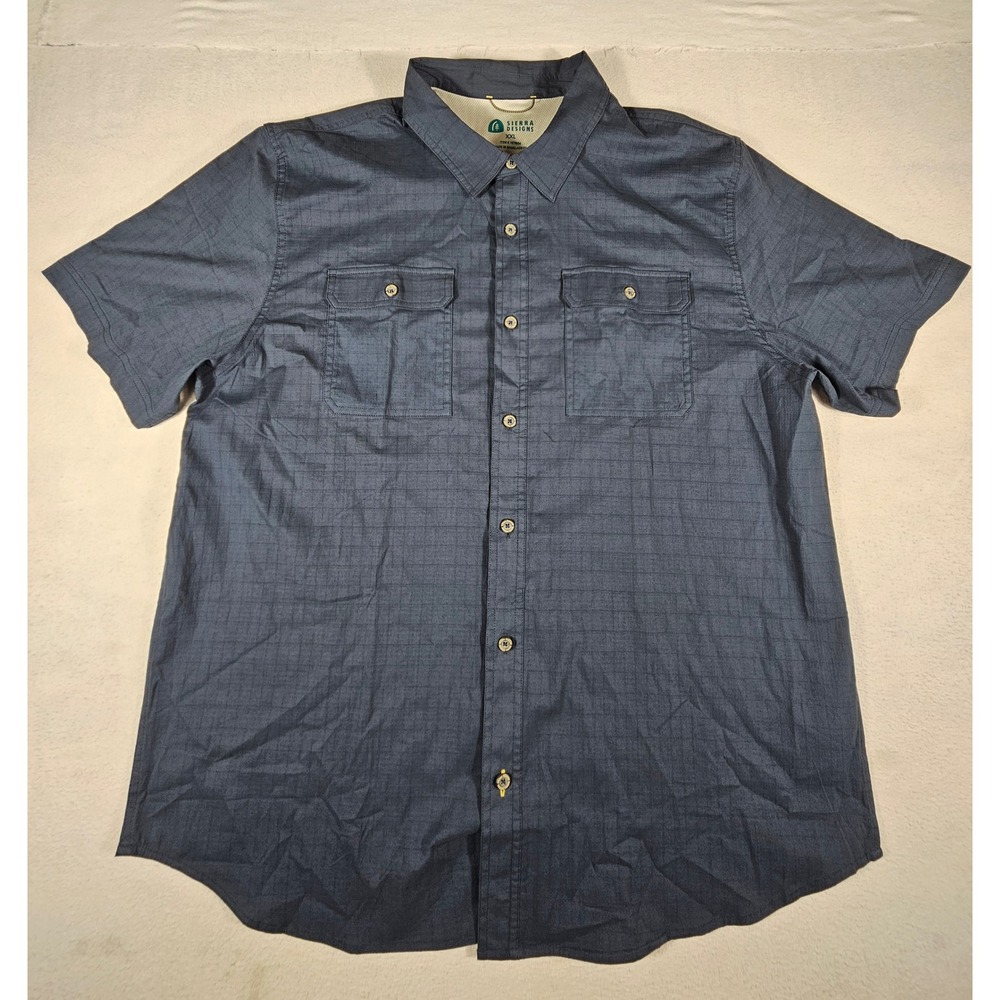 Sierra Designs Mens XXL Blue Tech Shirt Short Sleeve Grid Button Up 1679684